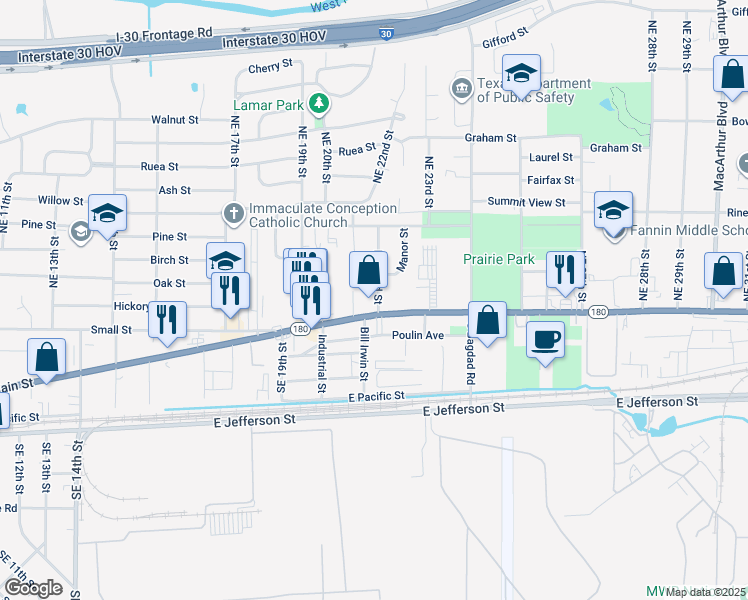 map of restaurants, bars, coffee shops, grocery stores, and more near 2122 East Main Street in Grand Prairie