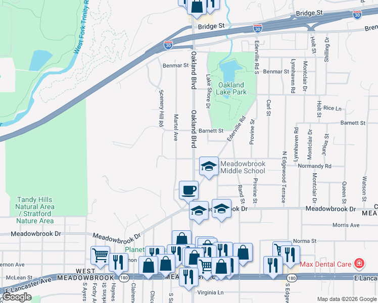 map of restaurants, bars, coffee shops, grocery stores, and more near 1841 Oakland Boulevard in Fort Worth