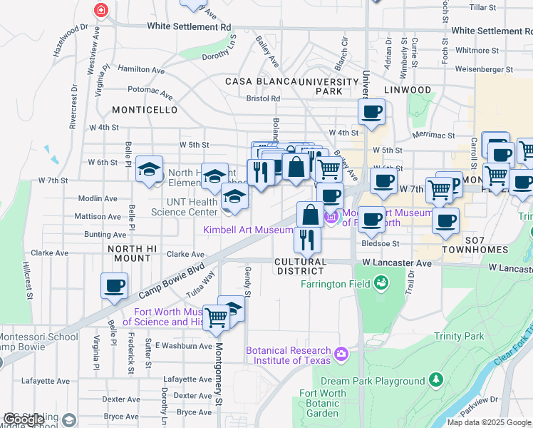 map of restaurants, bars, coffee shops, grocery stores, and more near 3432 Camp Bowie Boulevard in Fort Worth