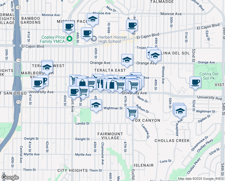 map of restaurants, bars, coffee shops, grocery stores, and more near 4647 University Avenue in San Diego