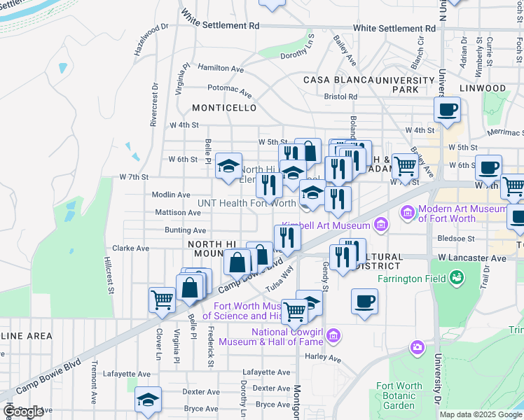 map of restaurants, bars, coffee shops, grocery stores, and more near 3712 Mattison Avenue in Fort Worth