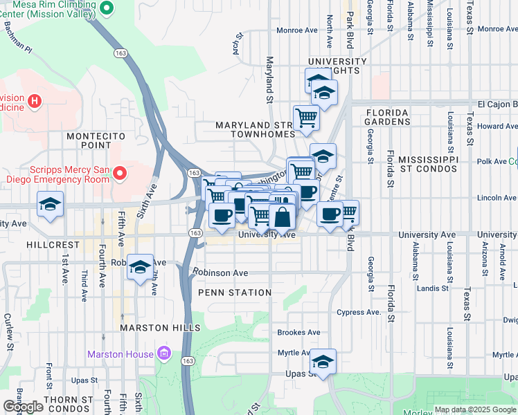 map of restaurants, bars, coffee shops, grocery stores, and more near 1260 Cleveland Avenue in San Diego