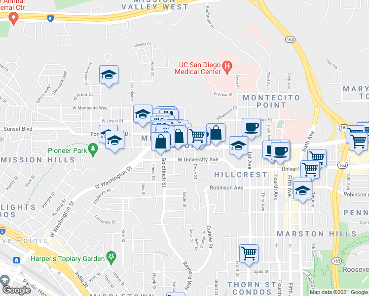 map of restaurants, bars, coffee shops, grocery stores, and more near W Washington St & Eagle St in San Diego