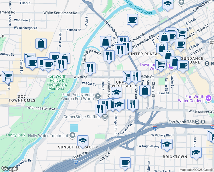 map of restaurants, bars, coffee shops, grocery stores, and more near 905 Penn Street in Fort Worth