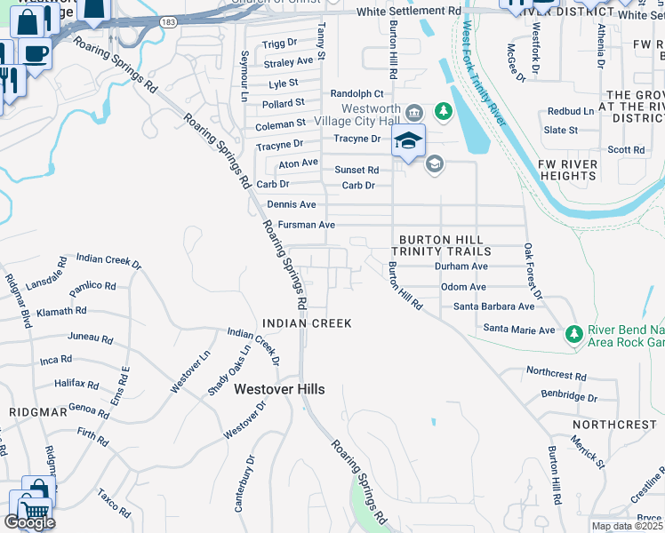 map of restaurants, bars, coffee shops, grocery stores, and more near 1197 Roaring Springs Road in Fort Worth