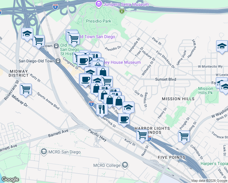 map of restaurants, bars, coffee shops, grocery stores, and more near 2250-2296 Congress Street in San Diego