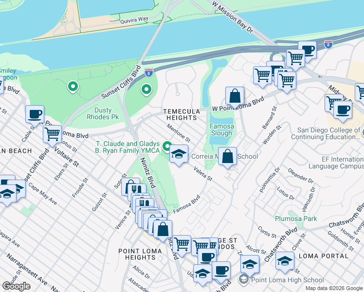 map of restaurants, bars, coffee shops, grocery stores, and more near 2616 Camulos Street in San Diego