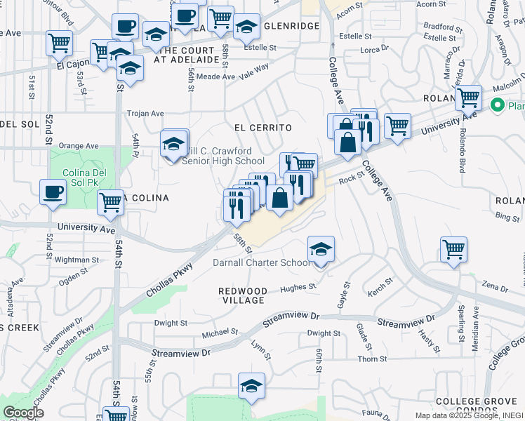 map of restaurants, bars, coffee shops, grocery stores, and more near 5901 University Avenue in San Diego