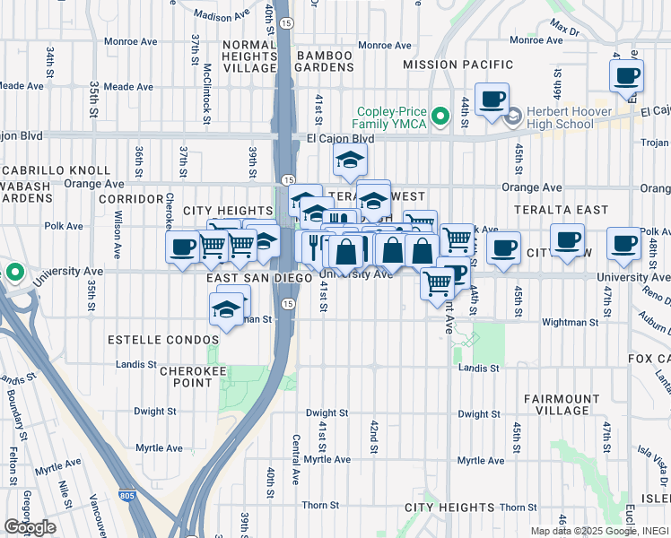 map of restaurants, bars, coffee shops, grocery stores, and more near 4122 University Avenue in San Diego