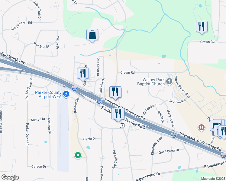 map of restaurants, bars, coffee shops, grocery stores, and more near 4011 Fort Worth Highway in Weatherford