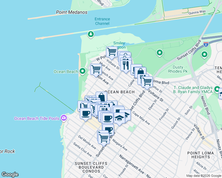 map of restaurants, bars, coffee shops, grocery stores, and more near in San Diego