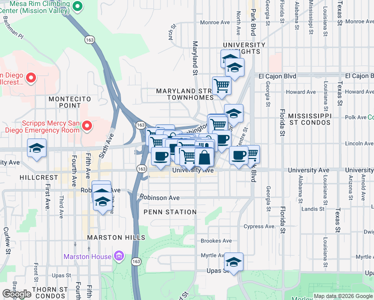 map of restaurants, bars, coffee shops, grocery stores, and more near in San Diego