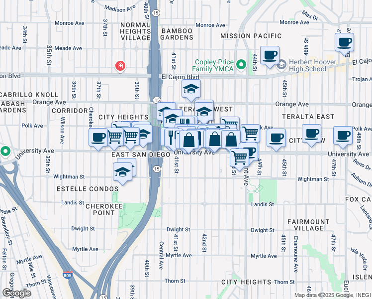 map of restaurants, bars, coffee shops, grocery stores, and more near 4144 University Avenue in San Diego