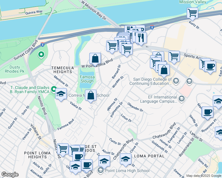 map of restaurants, bars, coffee shops, grocery stores, and more near 3900 Bob Street in San Diego