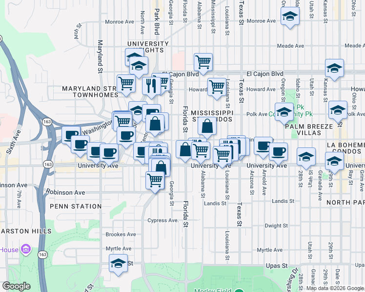 map of restaurants, bars, coffee shops, grocery stores, and more near 3948 Florida Street in San Diego