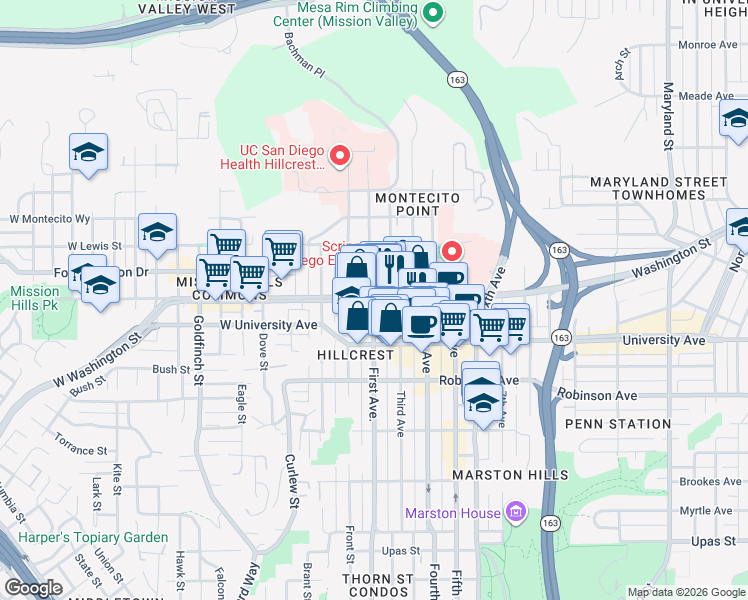 map of restaurants, bars, coffee shops, grocery stores, and more near 1st Ave & W Washington St in San Diego