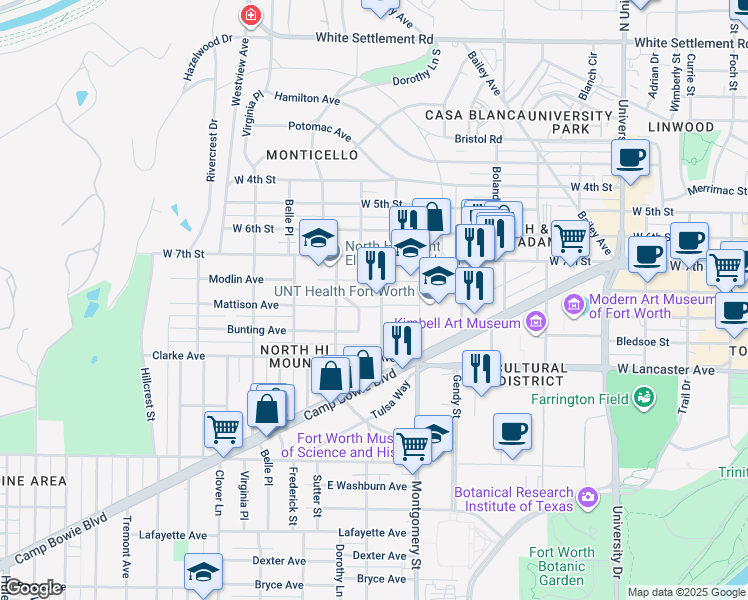 map of restaurants, bars, coffee shops, grocery stores, and more near 3727 Mattison Avenue in Fort Worth
