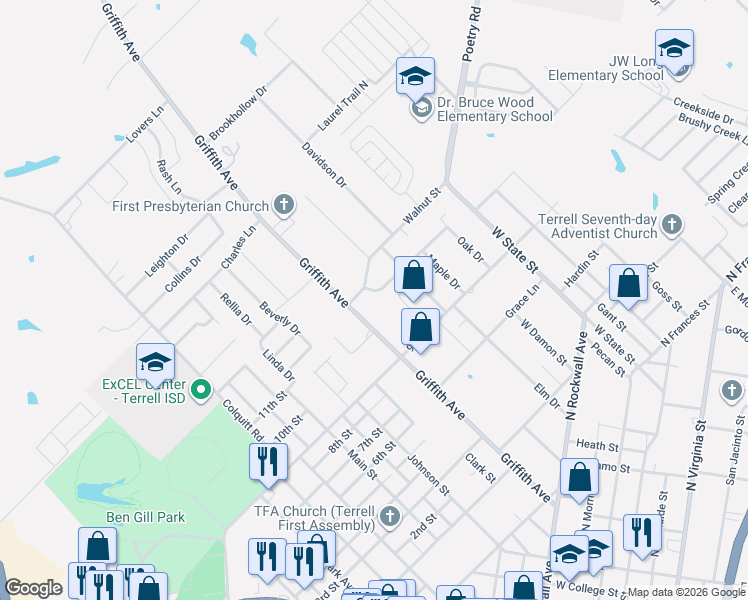 map of restaurants, bars, coffee shops, grocery stores, and more near 724 Griffith Avenue in Terrell