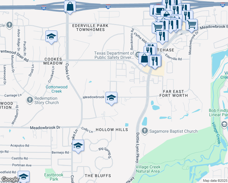 map of restaurants, bars, coffee shops, grocery stores, and more near 2041 Castleview Drive in Fort Worth
