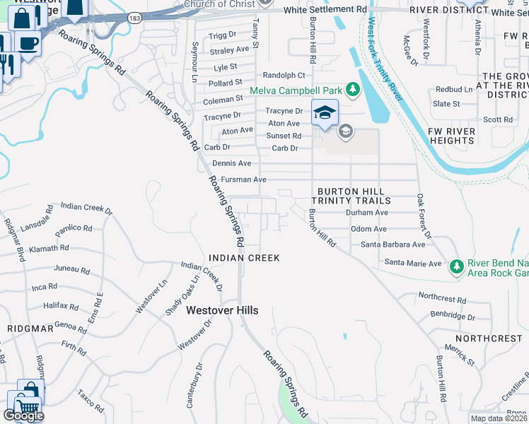 map of restaurants, bars, coffee shops, grocery stores, and more near 1147 Roaring Springs Road in Fort Worth