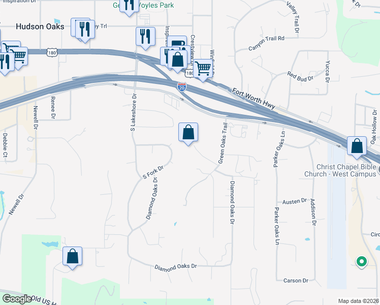 map of restaurants, bars, coffee shops, grocery stores, and more near 137 South Fork Drive in Hudson Oaks