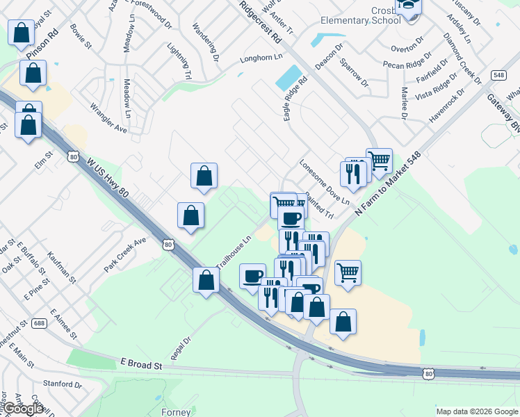 map of restaurants, bars, coffee shops, grocery stores, and more near Wildwood Drive in Forney