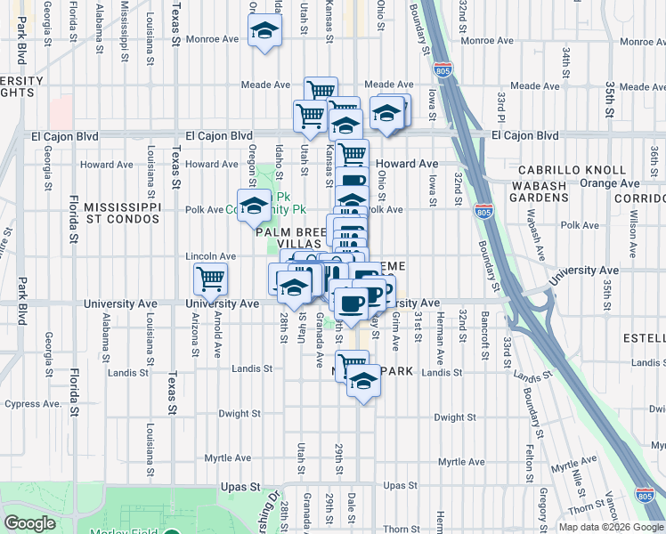 map of restaurants, bars, coffee shops, grocery stores, and more near 3973 Kansas Street in San Diego