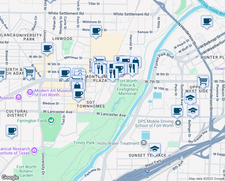map of restaurants, bars, coffee shops, grocery stores, and more near 900 Museum Way in Fort Worth
