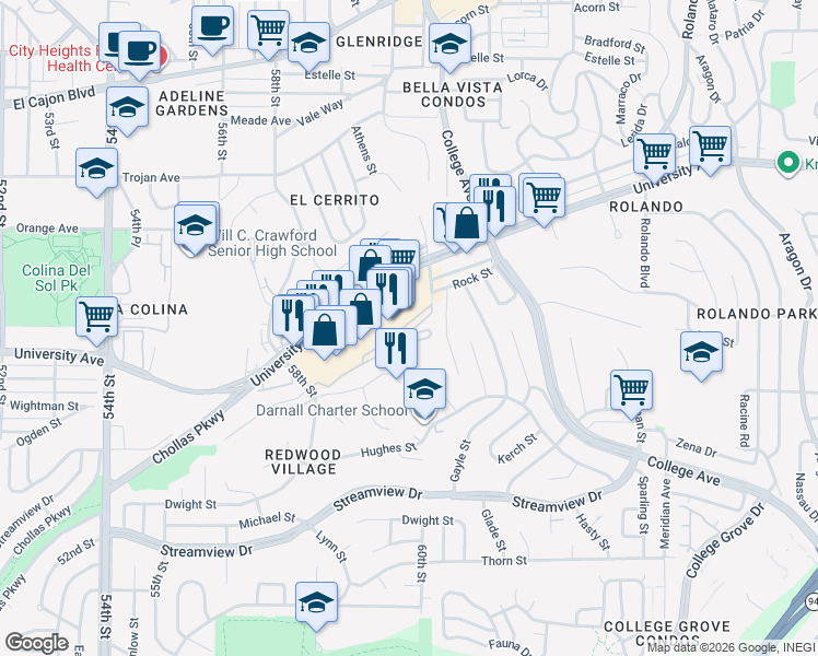 map of restaurants, bars, coffee shops, grocery stores, and more near 3980 60th Street in San Diego