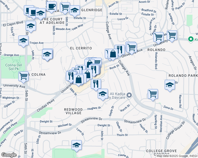 map of restaurants, bars, coffee shops, grocery stores, and more near 3992 60th Street in San Diego