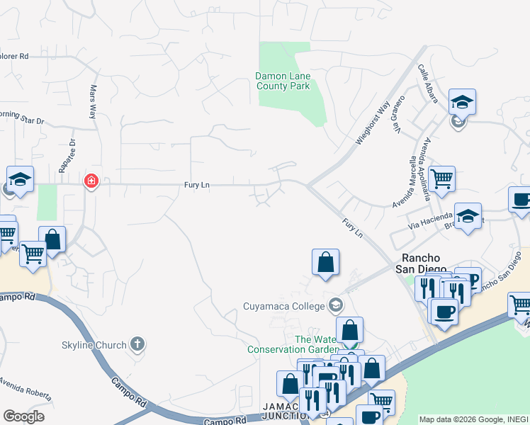 map of restaurants, bars, coffee shops, grocery stores, and more near 11515 Fury Lane in El Cajon