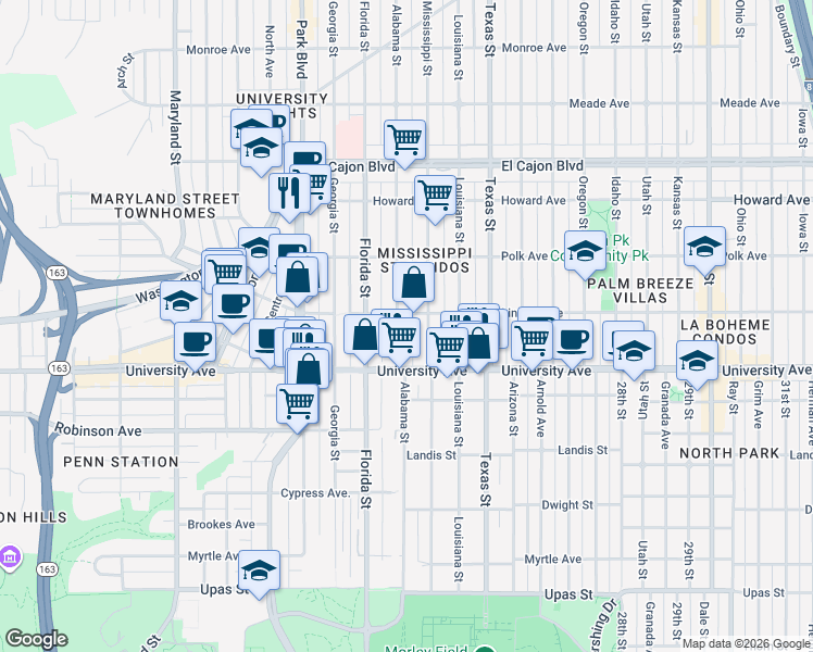 map of restaurants, bars, coffee shops, grocery stores, and more near 3945 Alabama Street in San Diego
