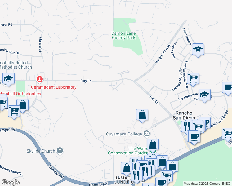 map of restaurants, bars, coffee shops, grocery stores, and more near 11515 Fury Lane in El Cajon