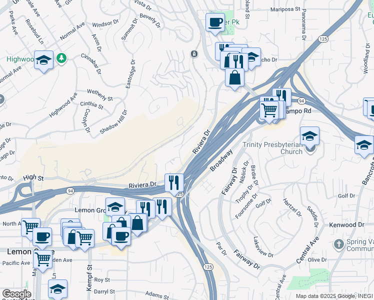 map of restaurants, bars, coffee shops, grocery stores, and more near 3885 Quarry Road in La Mesa