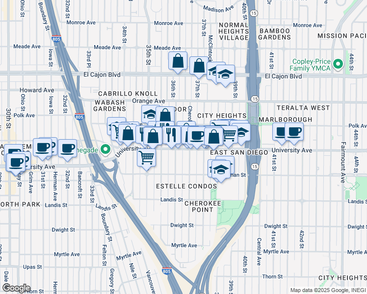 map of restaurants, bars, coffee shops, grocery stores, and more near 3615 University Avenue in San Diego