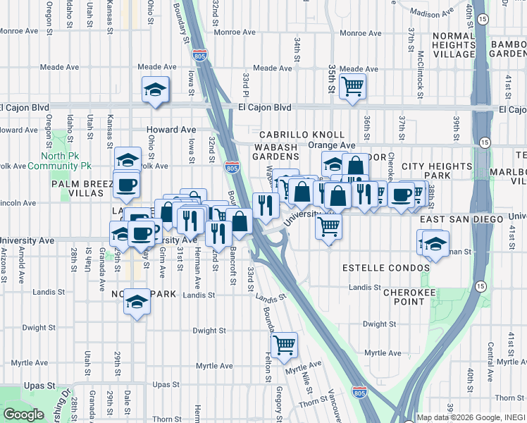 map of restaurants, bars, coffee shops, grocery stores, and more near 3930 Wabash Avenue in San Diego