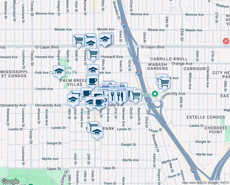 map of restaurants, bars, coffee shops, grocery stores, and more near 3955 Illinois Street in San Diego