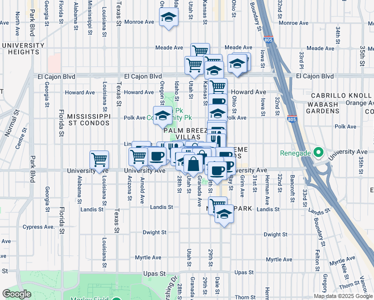 map of restaurants, bars, coffee shops, grocery stores, and more near 3951 Idaho Street in San Diego