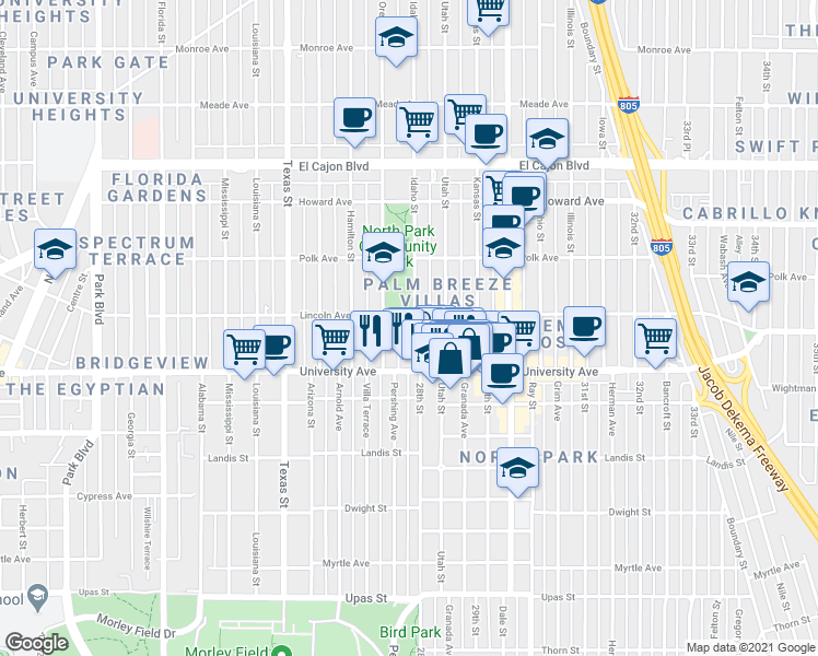 map of restaurants, bars, coffee shops, grocery stores, and more near 3951 Idaho Street in San Diego