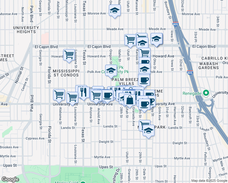map of restaurants, bars, coffee shops, grocery stores, and more near 3955 Oregon Street in San Diego