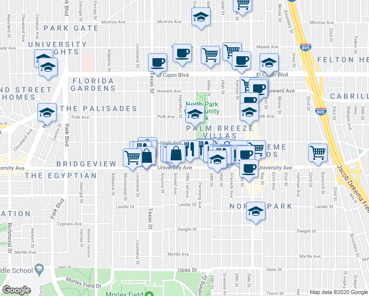 map of restaurants, bars, coffee shops, grocery stores, and more near 3952 Hamilton Street in San Diego