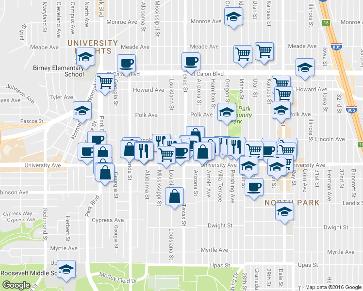 map of restaurants, bars, coffee shops, grocery stores, and more near 3953 Louisiana Street in San Diego
