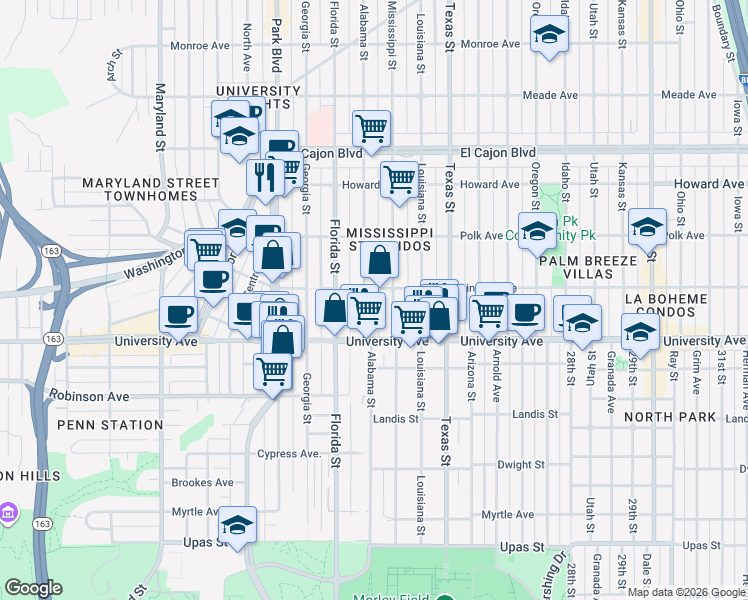 map of restaurants, bars, coffee shops, grocery stores, and more near 3945 Alabama Street in San Diego