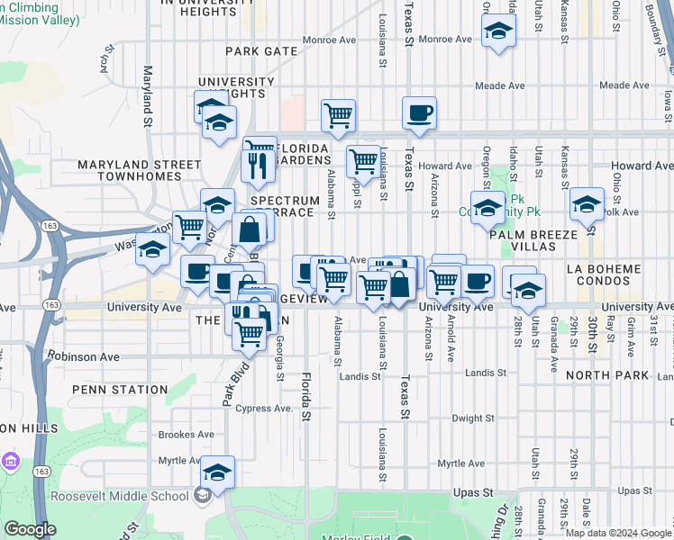 map of restaurants, bars, coffee shops, grocery stores, and more near 3945 Alabama Street in San Diego