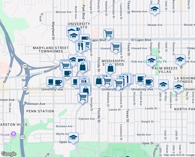 map of restaurants, bars, coffee shops, grocery stores, and more near 3948 Florida Street in San Diego