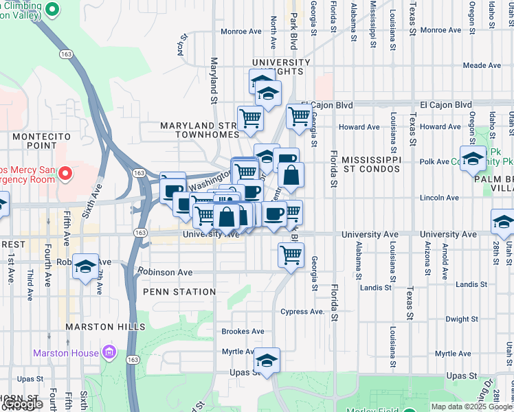 map of restaurants, bars, coffee shops, grocery stores, and more near 3914 Centre Street in San Diego