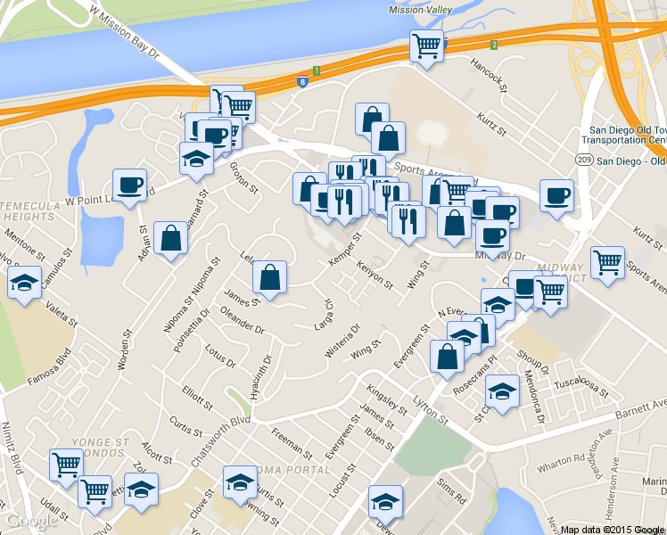 map of restaurants, bars, coffee shops, grocery stores, and more near 3133 Kemper Street in San Diego