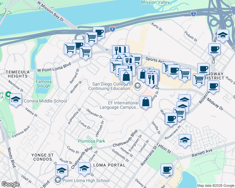 map of restaurants, bars, coffee shops, grocery stores, and more near 3133 Kemper Street in San Diego