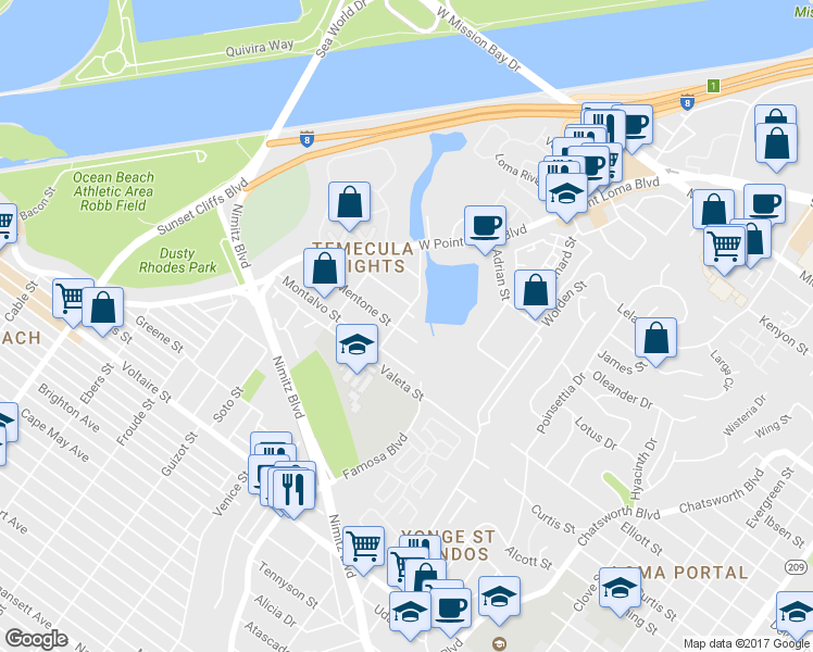 map of restaurants, bars, coffee shops, grocery stores, and more near 4245 Mentone Street in San Diego