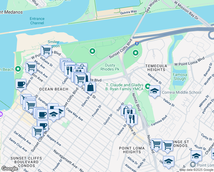 map of restaurants, bars, coffee shops, grocery stores, and more near 4621 Larkspur Street in San Diego